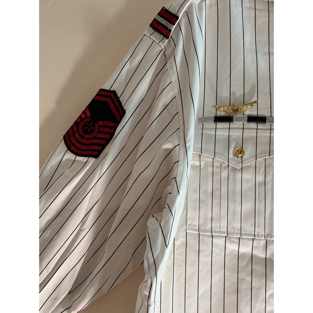 Vintage‎ Y2K PJ MARK Men's 3XL White Pinstripe Military Style Shirt with Patches - Picture 4 of 9